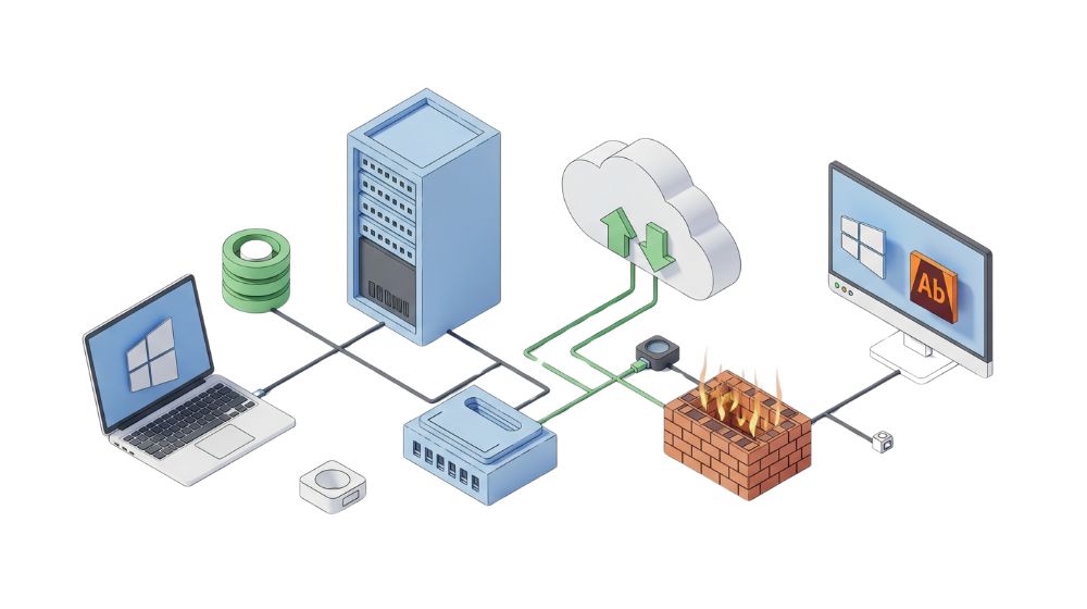 Illustration of complete IT infrastructure with laptop, server, cloud, firewall, and software icons connected in a tech ecosystem