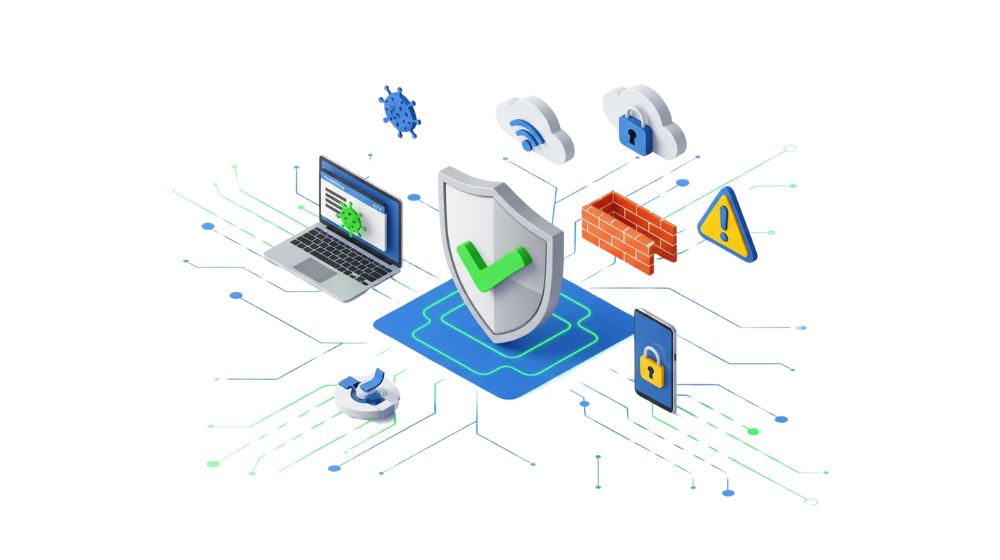 Illustration showing shield icon with cybersecurity elements like firewall, secure laptop, locked cloud, and protected mobile device